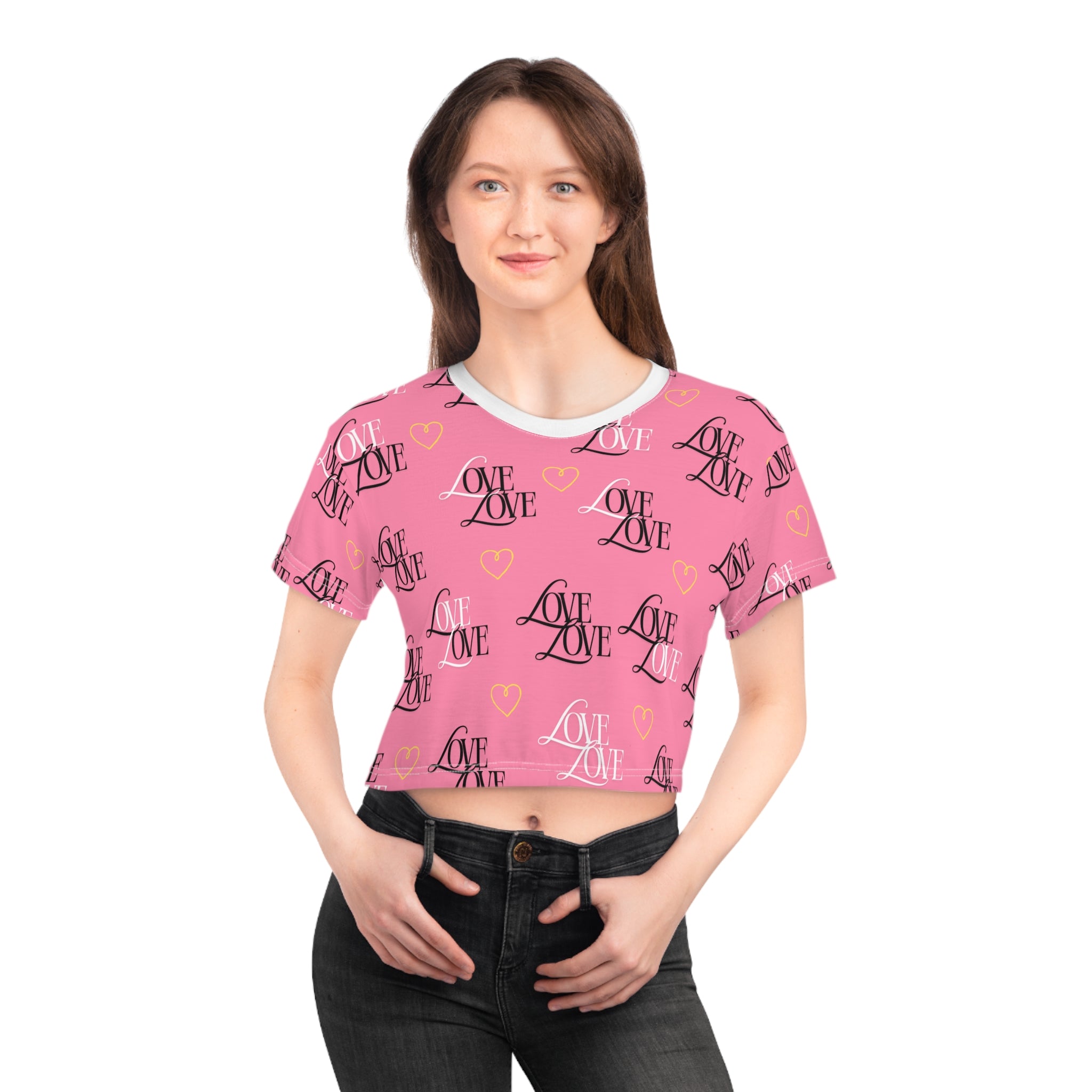 Love Print Crop Tee for Trendy Fashion, Cute Casual Wear, Valentine’s Day Gift, Stylish Summer Top, Relationship Celebration Apparel