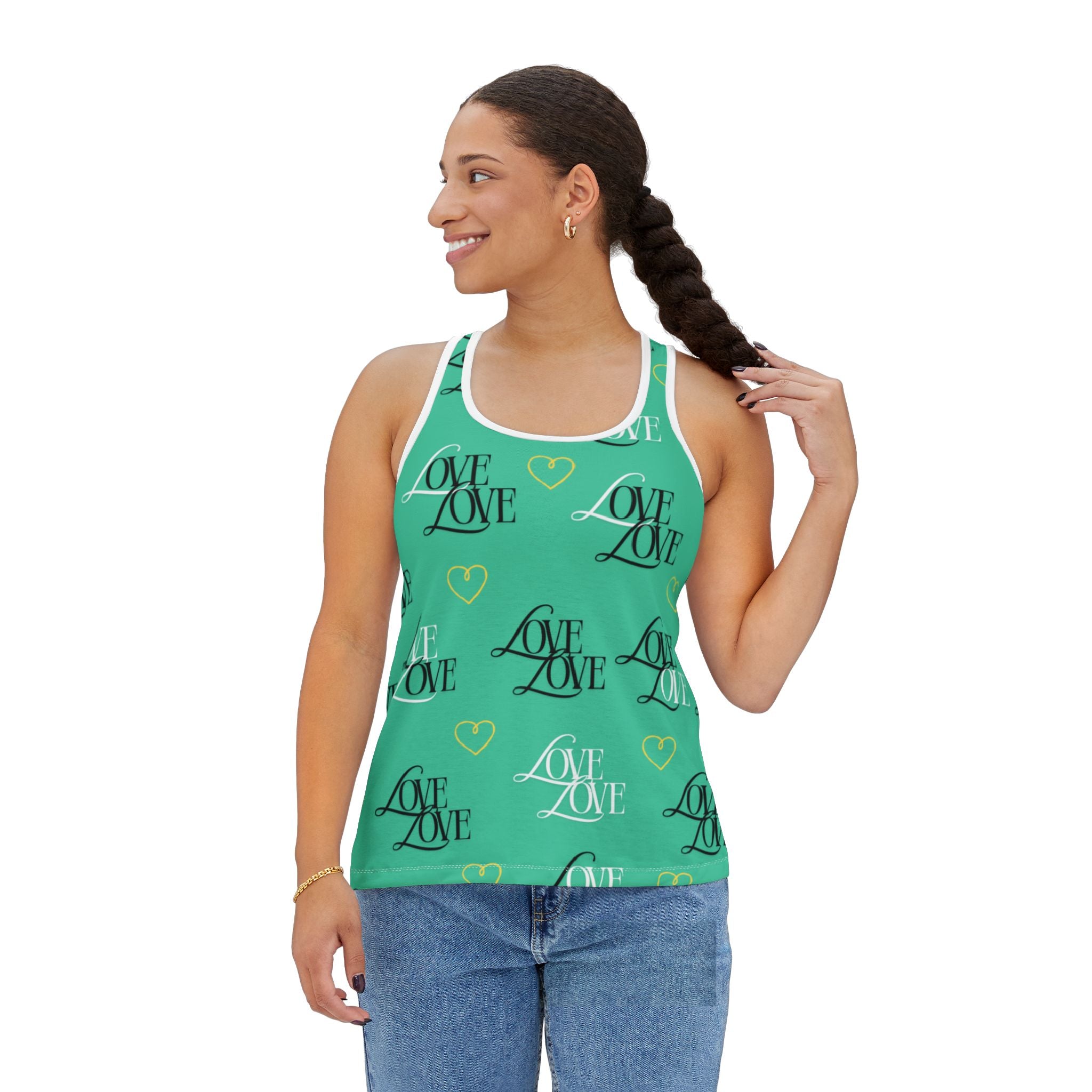 Teal Romantic Love Tank Top, Cute Summer Top, Valentine’s Day Gift, Casual Wear, Love Print Tank, Heart Pattern Shirt