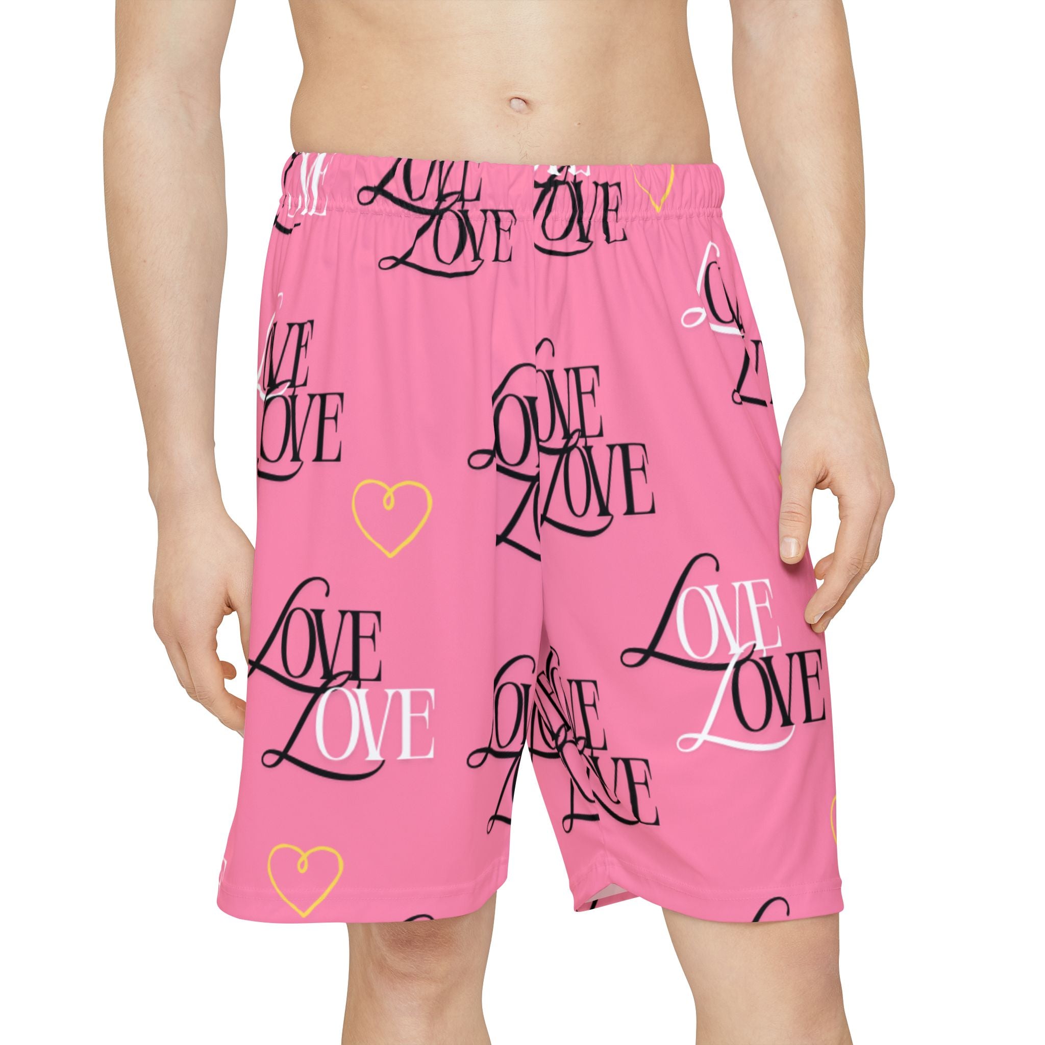 Love Print Men’s Athletic Shorts, Trendy Sports Bottoms, Workout Gear, Casual Summer Shorts, Gifts for Him, Pink Love Shorts