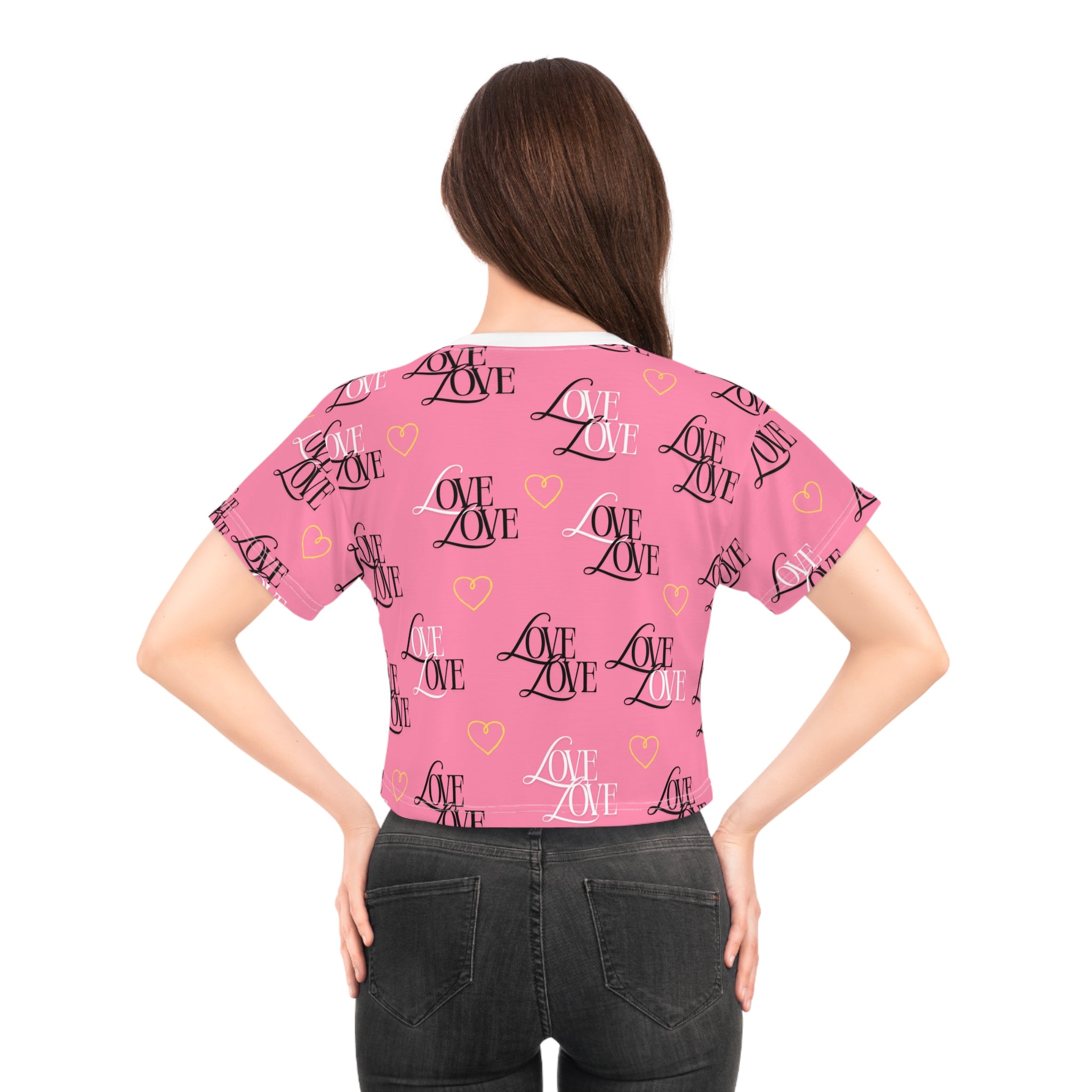 Love Print Crop Tee for Trendy Fashion, Cute Casual Wear, Valentine’s Day Gift, Stylish Summer Top, Relationship Celebration Apparel