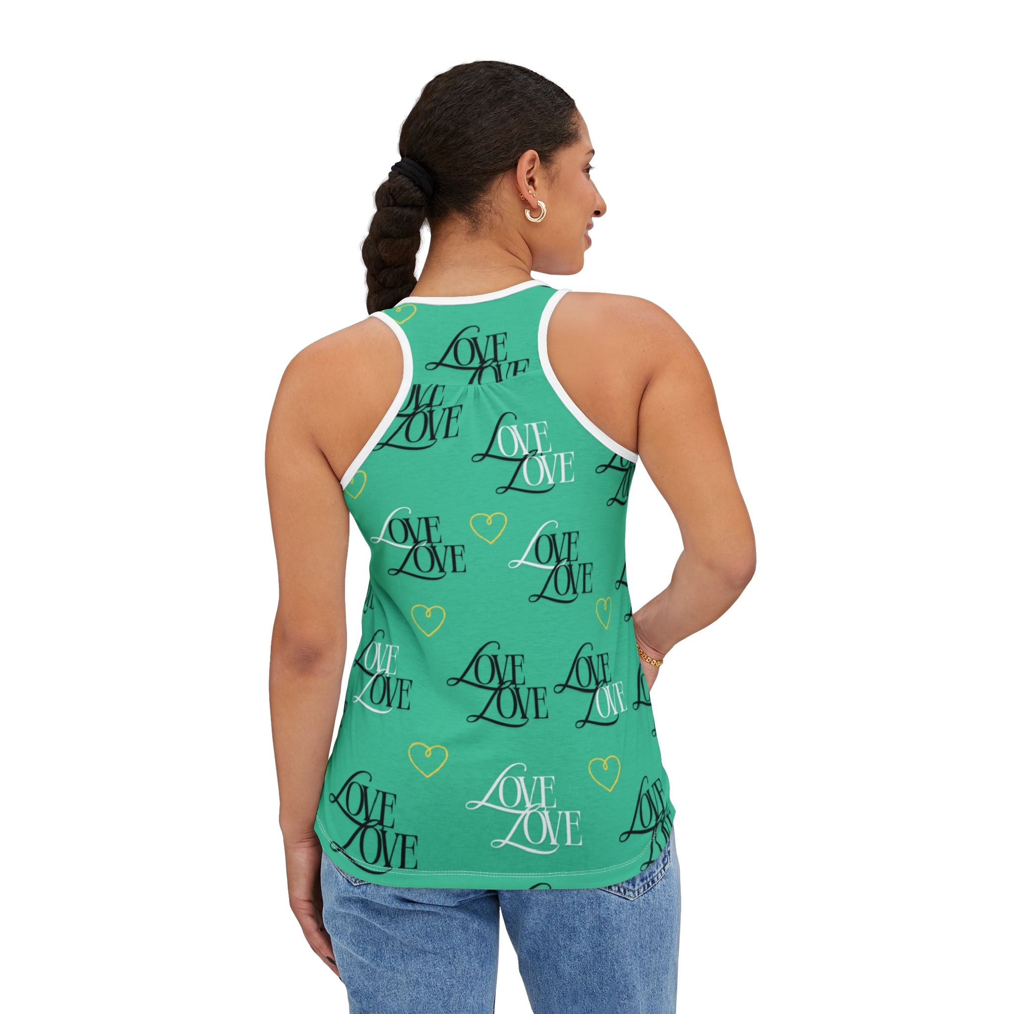 Teal Romantic Love Tank Top, Cute Summer Top, Valentine’s Day Gift, Casual Wear, Love Print Tank, Heart Pattern Shirt