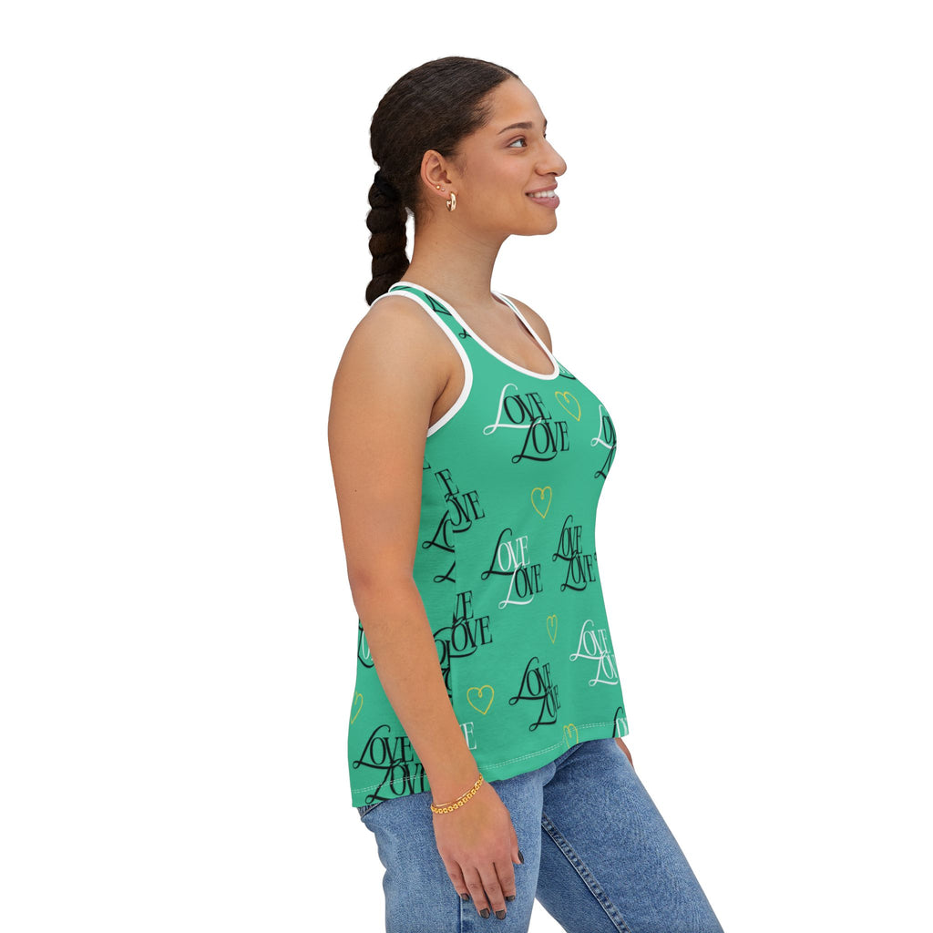 Teal Romantic Love Tank Top, Cute Summer Top, Valentine’s Day Gift, Casual Wear, Love Print Tank, Heart Pattern Shirt