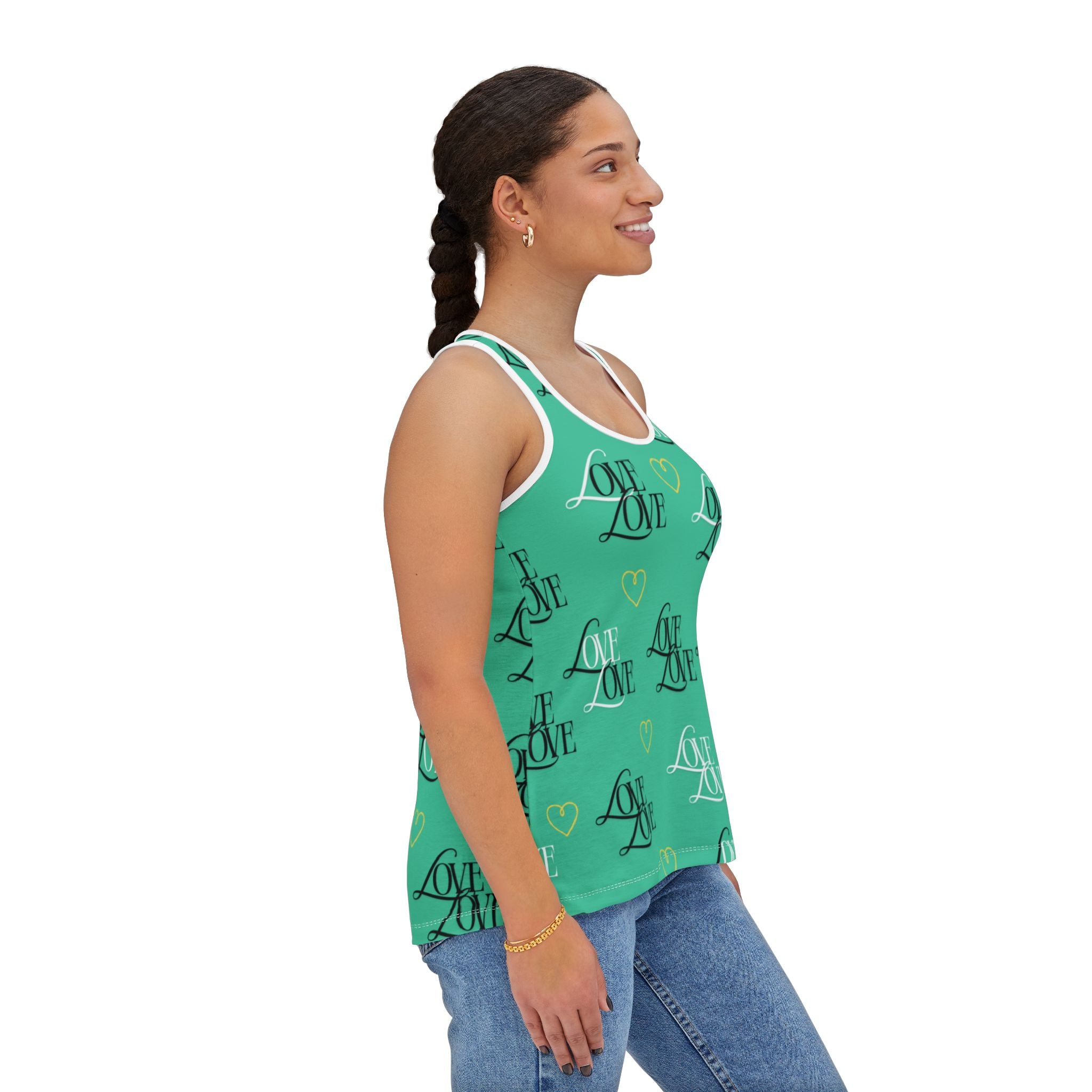 Teal Romantic Love Tank Top, Cute Summer Top, Valentine’s Day Gift, Casual Wear, Love Print Tank, Heart Pattern Shirt