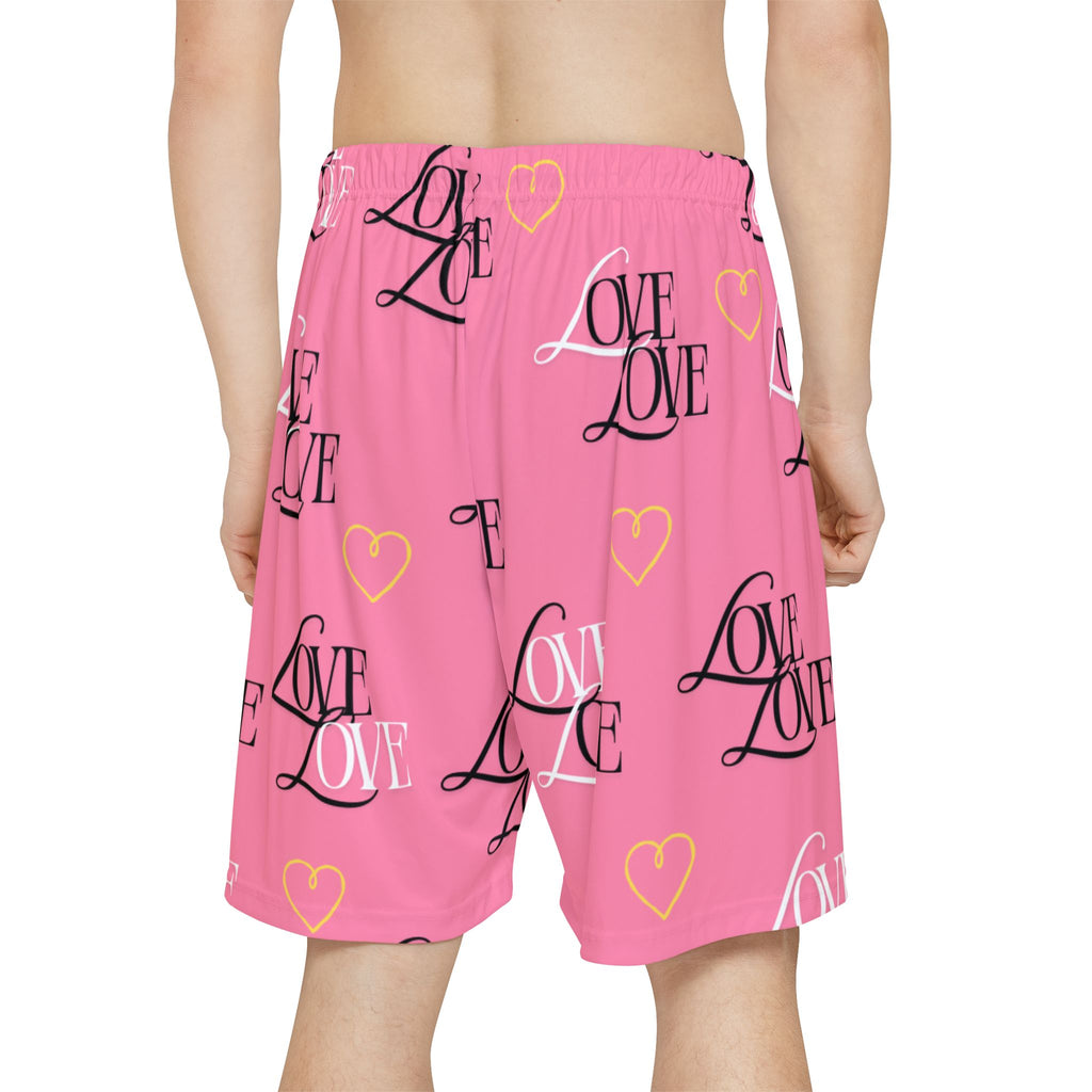 Love Print Men’s Athletic Shorts, Trendy Sports Bottoms, Workout Gear, Casual Summer Shorts, Gifts for Him, Pink Love Shorts