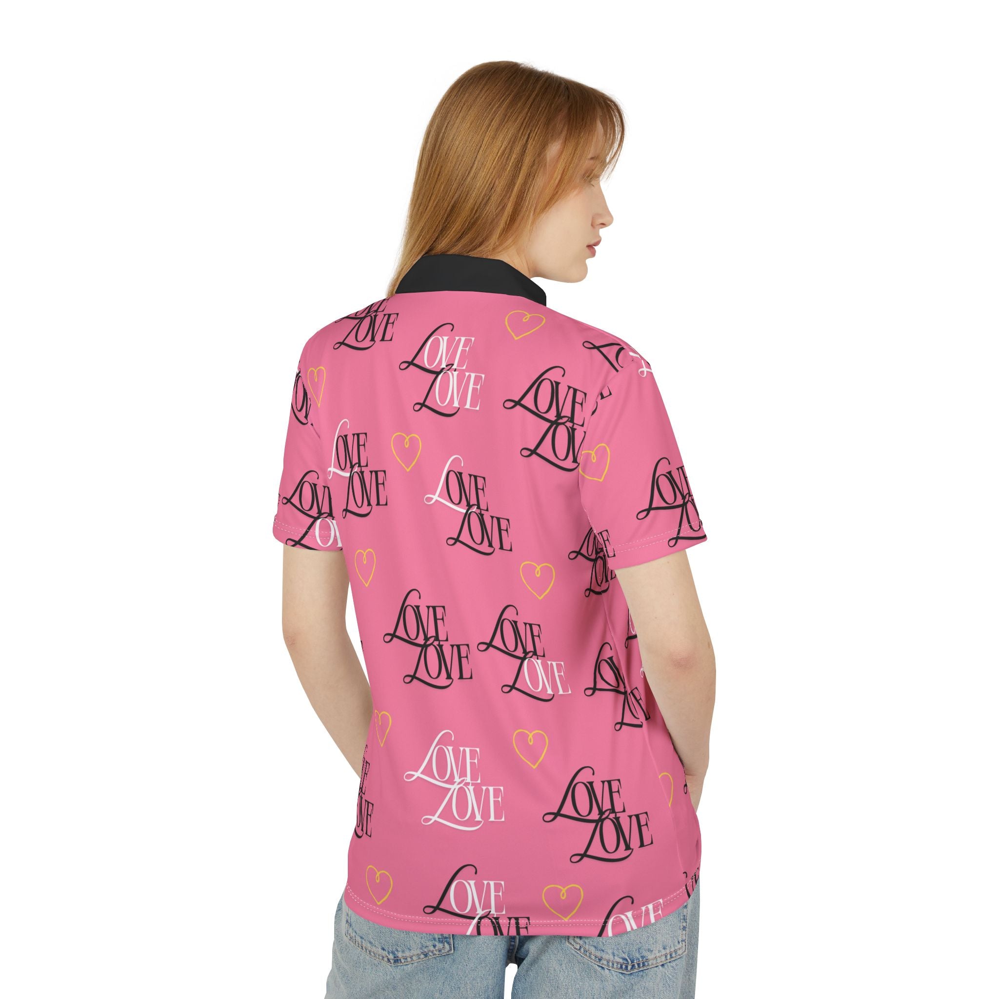 Romantic Love Polo Shirt, Fun Casual Wear, Perfect for Date Nights, Valentine's Day Gift, Vibrant Summer Style, AOP Love Patterns