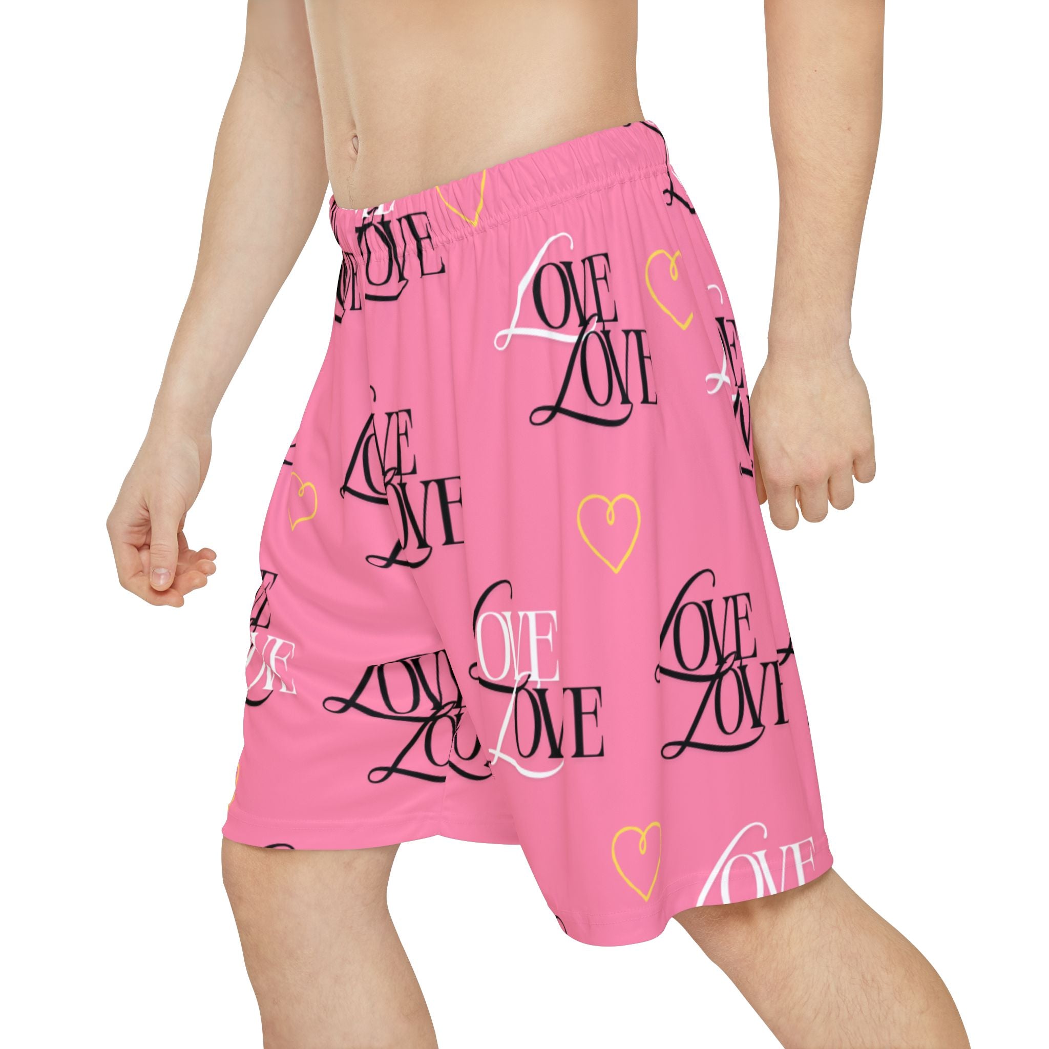 Love Print Men’s Athletic Shorts, Trendy Sports Bottoms, Workout Gear, Casual Summer Shorts, Gifts for Him, Pink Love Shorts